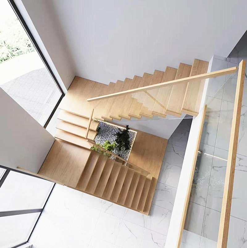 Elegant Solid Wood Floating Staircase with Tempered Glass Railing
