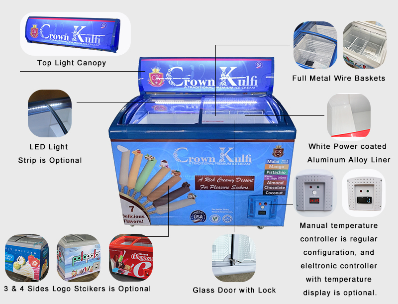 Factory Price SD/Sc-218y Glass Door Ice Cream Display Showcase Supermarket Freezers Horizontal Freezer