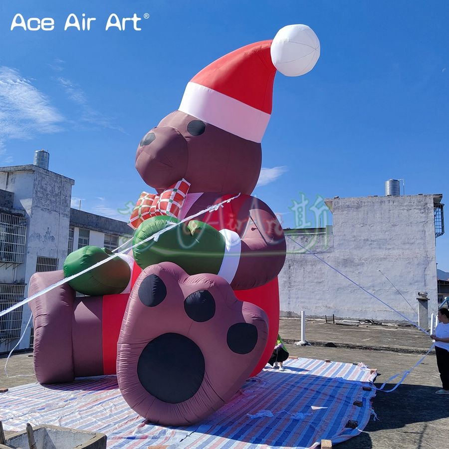 6mh Giant Inflatable Brown Bear with Hat Inflatable Cartoon Mascot Animal for Christmas Holiday Advertising Event Decoration