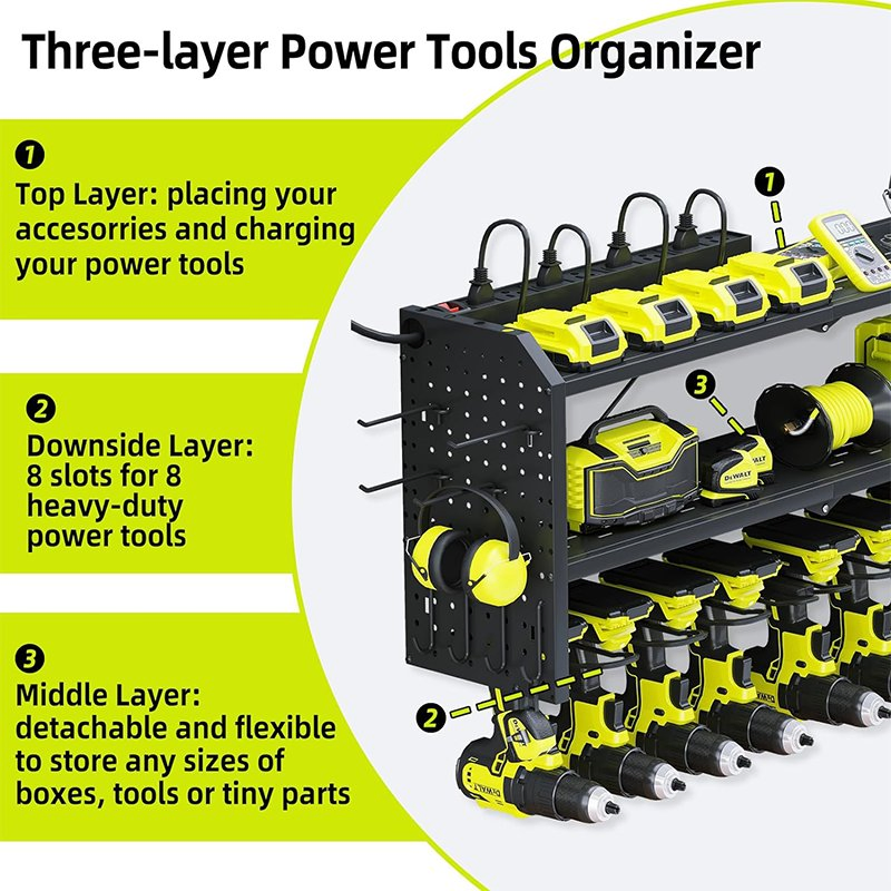3 Layer Steel Metal Gardening Shelving Garage Power Tool Storage Rack Organizer Wall Mount with Charging Station