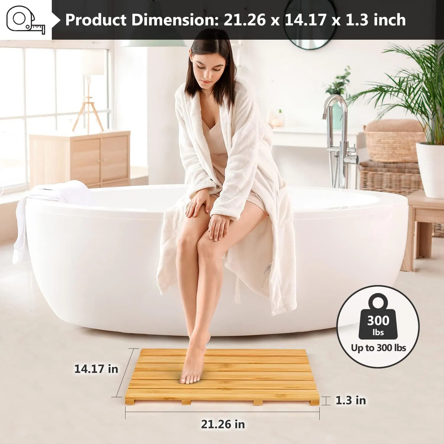 Bamboo Shower Mat with Large Waterproof Bath