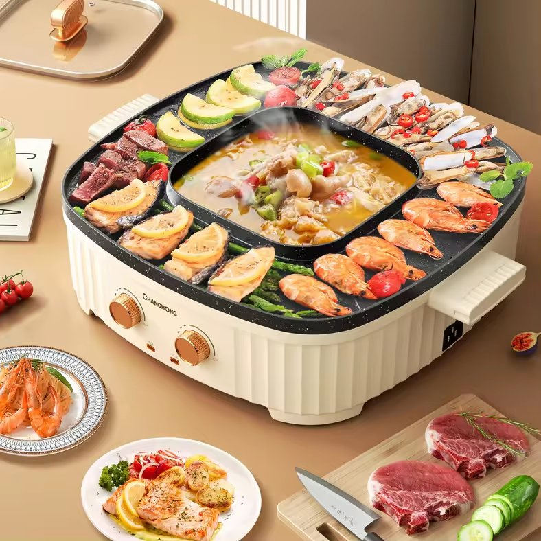 Smokeless Electric BBQ Grill with Hot Pot 2in1 Plate Korean BBQ Grill Plate
