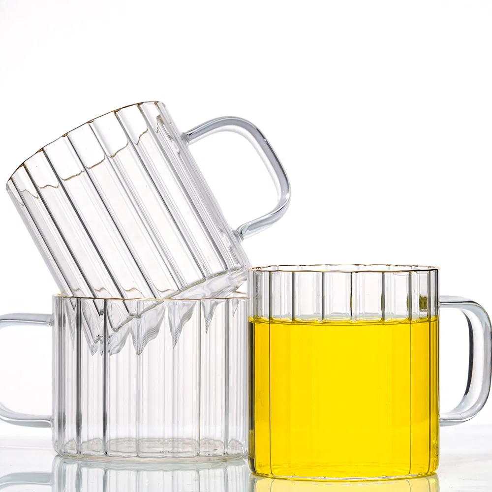 Minimalist Clear 350ml Borosilicate Pyrex Ribbed Glassware Cold Drink Beer Coffee Tea Glass Cups with Traced Gold Edge