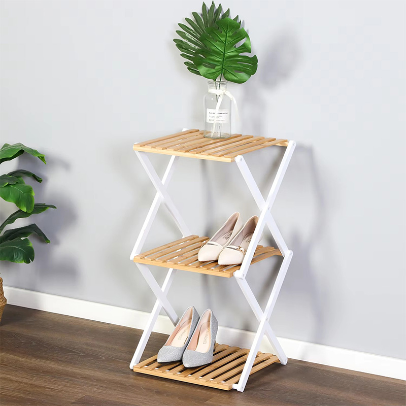 Multifunctional Foldable Triple-Layer Light Wood Shoe Rack Bamboo Flower Shelf for Home Items Storage & Organization