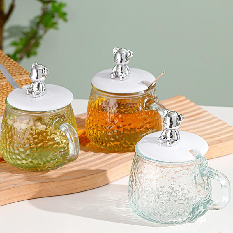 High Appearance Ins Coffee Cup Bear Glass Mug Water Mug with Hand Greeting Handle Black Tea Mug