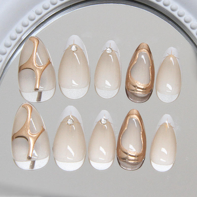 Nude Almond Press on Nails with Gold Metallic & Rhinestone Accents