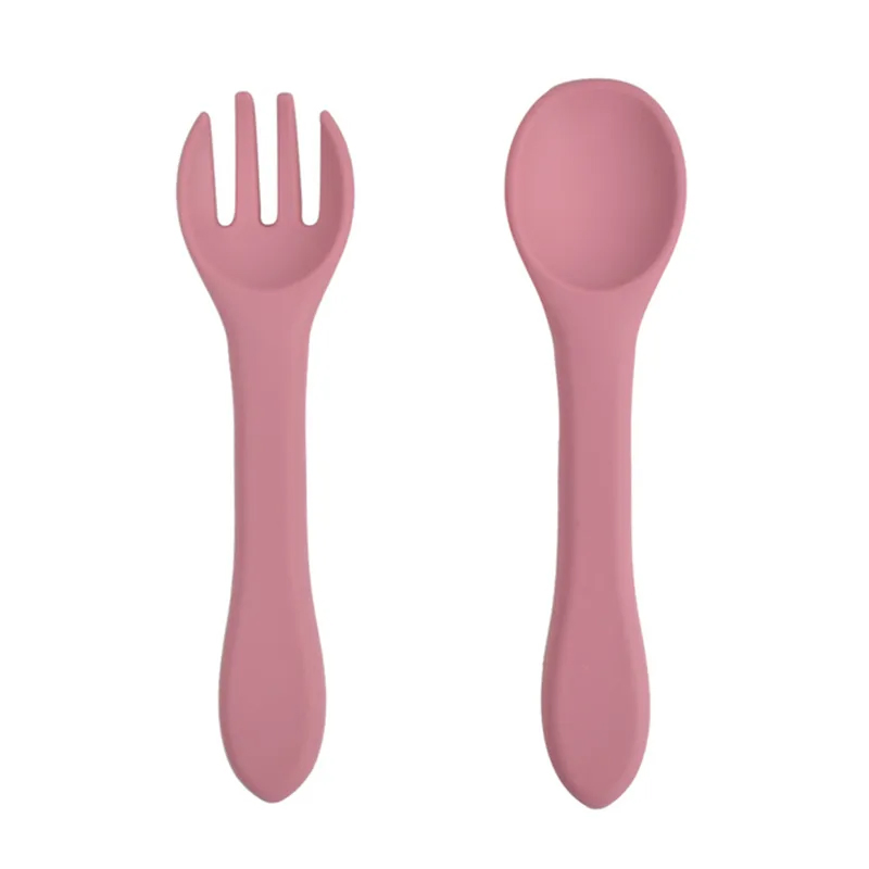 High Quality Multi-Color Training Baby Feeding Silicone Tableware Spoon Fork