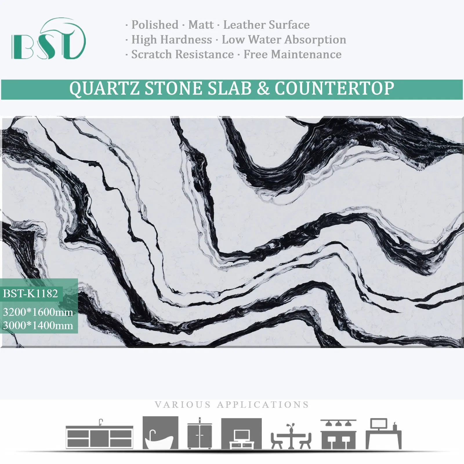 Engineered Pure Black Calacatta Silica Free Stone Surface Kitchen Countertop