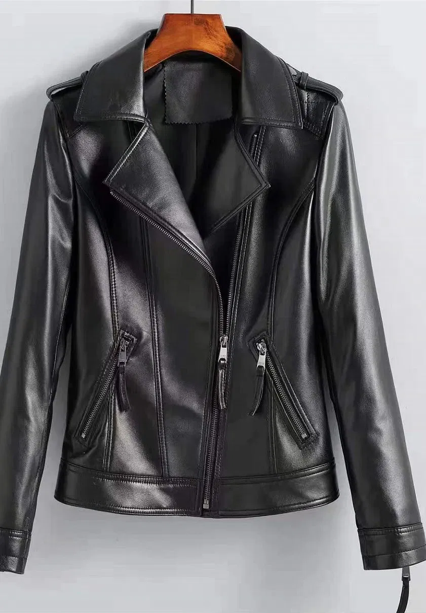 Modern Hooded Black PU Biker Jacket with Metal Zipper for Women