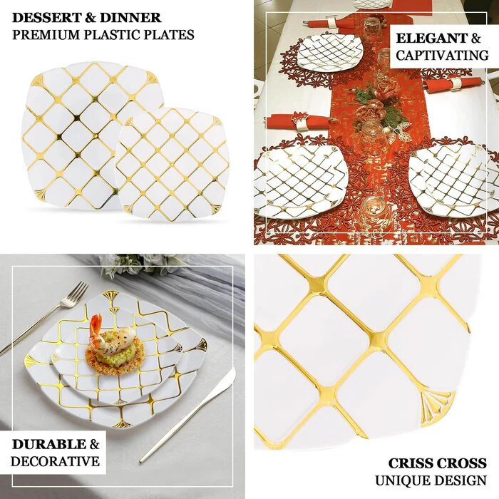 Elegant 7 Inch Square Dinner Plates with Gold Checkered Design