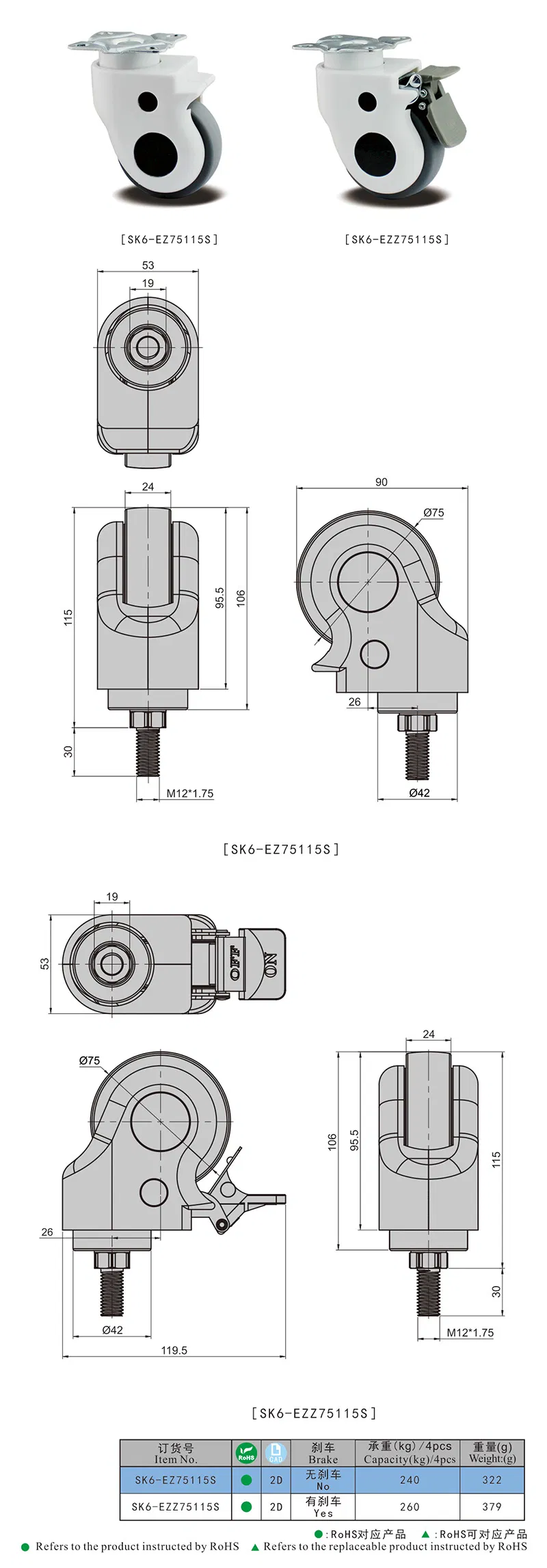 Sk6-Ez75115s Brake Medium Heavy Duty Industrial Caster Wheel
