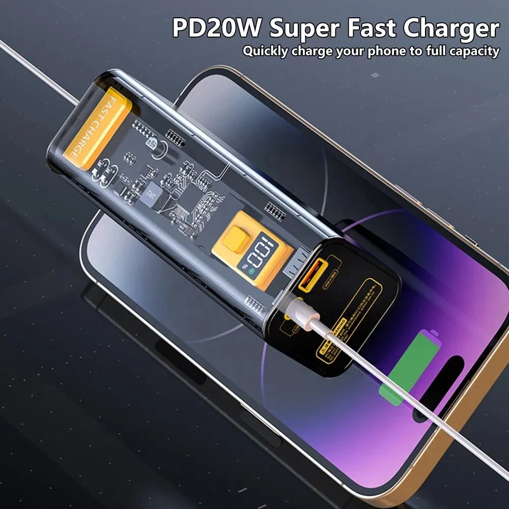 2026 New Portable Charger 40000mAh Power Banks Pd/QC 22.5W Transparent Cyberpunk LED Digital Display Multiprotocol Mobile C