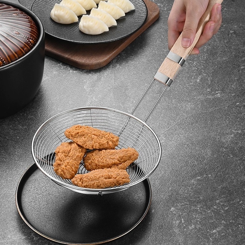 Heavy Duty Stainless Steel Mesh Strainer with Wooden Handle -Ideal for Frying, Noodles, and Dumplings