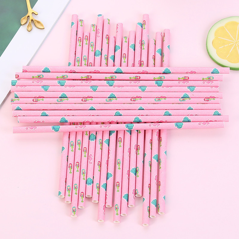 Disposable Paper Straw Mermaid Hippocampus Beautiful Children Drink Straw Birthday Party Tableware Dessert Table Shooting Props