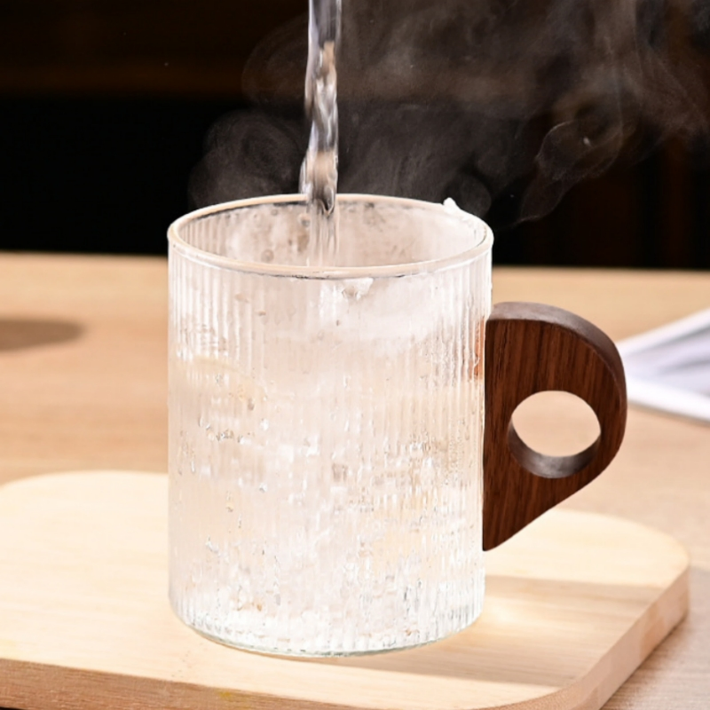 Vertical Striped Handle Glass Cup, Heat-Resistant & Explosion-Proof + Solid Wood Handle, for Iced Americano/Soda Water Glass Cup