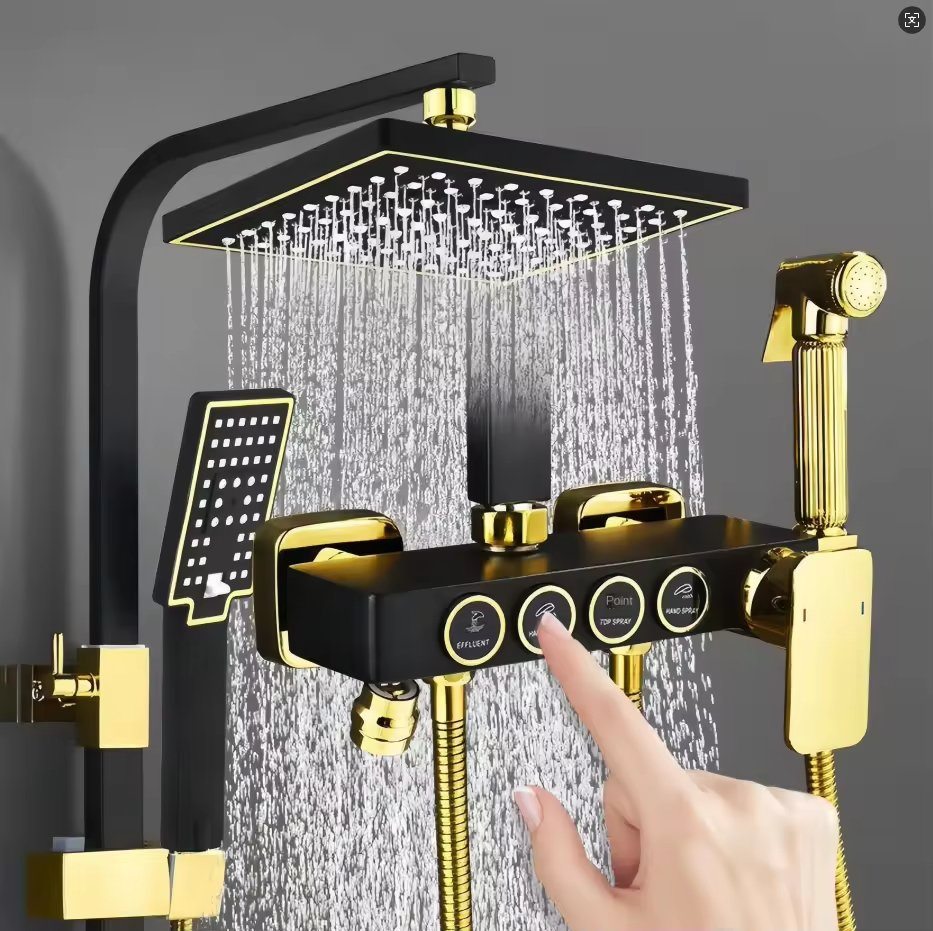 Hlk Bathtub Hot Cold Bathroom Tap Thermostatic Bathroom Black Gold Shower Set