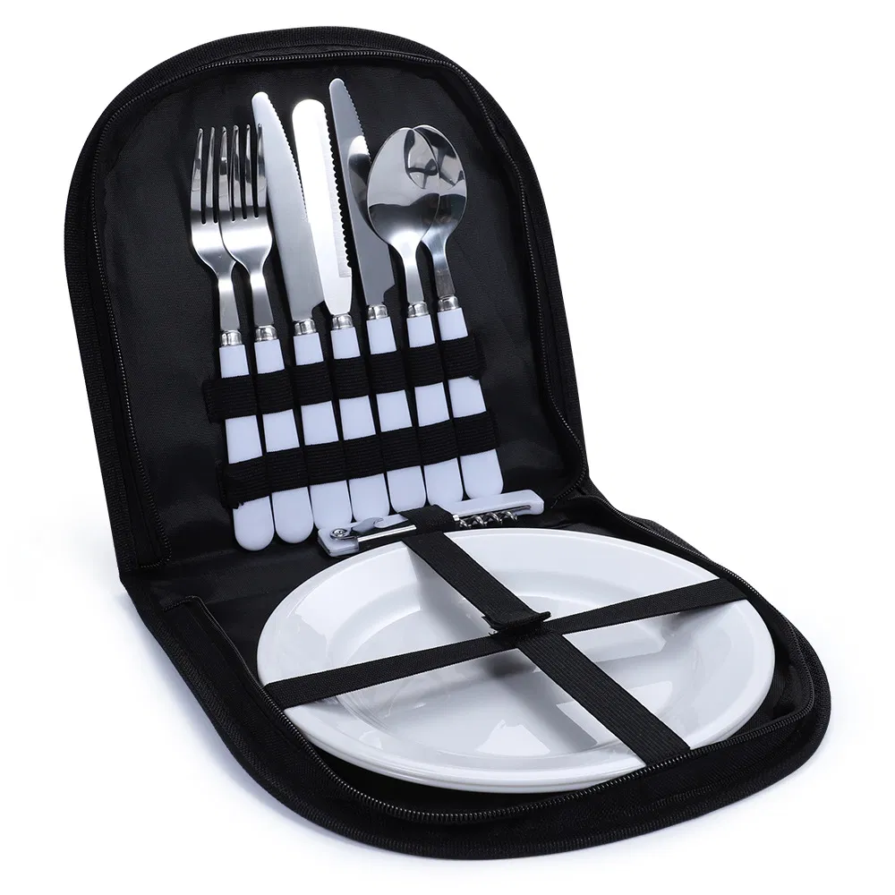 Travel Camping Portable Dinnerware Cutlery Sets with Handbag Plastic Handle Stainless Steel Flatware Sets