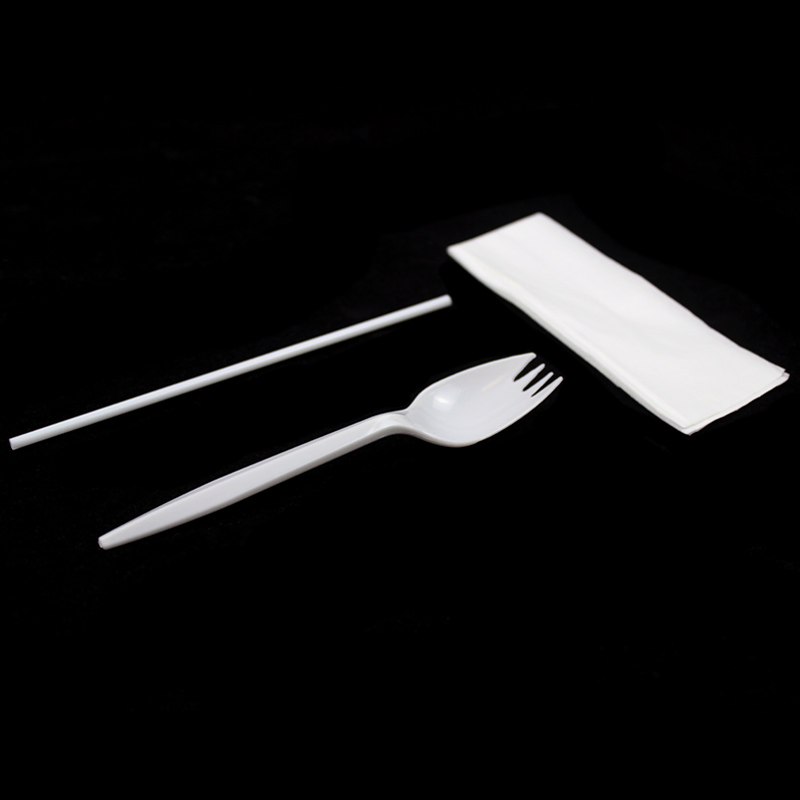 Disposable PP Spork with Milk Straw Napin Plastic Medium Weight Cutlery Set