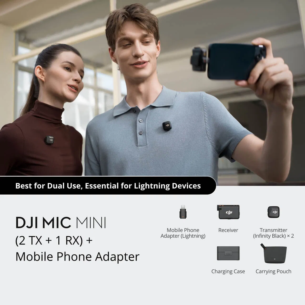 DJ Mic Mini (2 TX + 1 RX + Charging Case) + Mobile Phone Adapter 48-Hour Operation Wireless Microphone Transmission Audio Recording