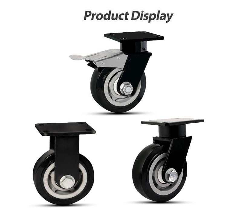 1 Ton Total Brake Heavy Duty Swivel Plate Rigid Caster Black PU Industrial Trolley Wheel Ruedas Pesadas