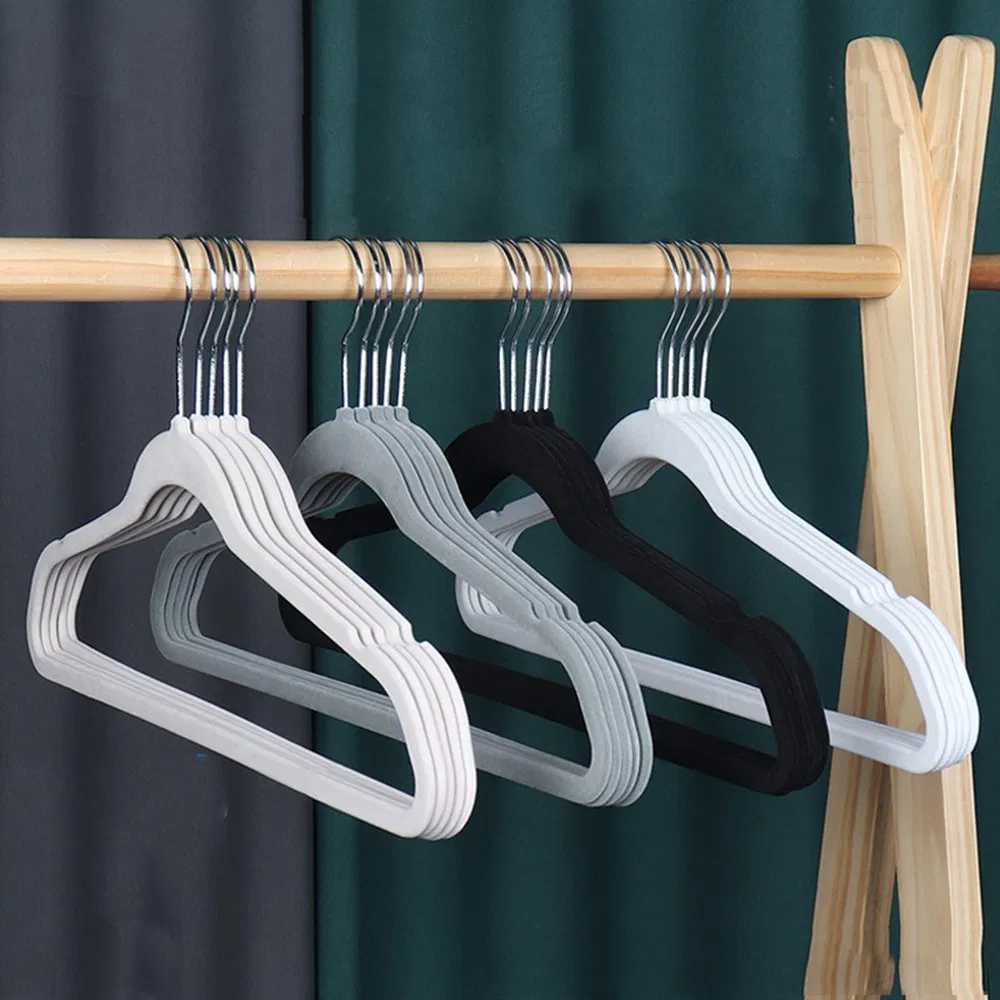 Wholesale Premium Non Slip Flocking Plastic Clothes Velvet Cloth Hanger Brand Velvet Hanger Black/Pink/Green Colorful for Amazon&Supermarkets