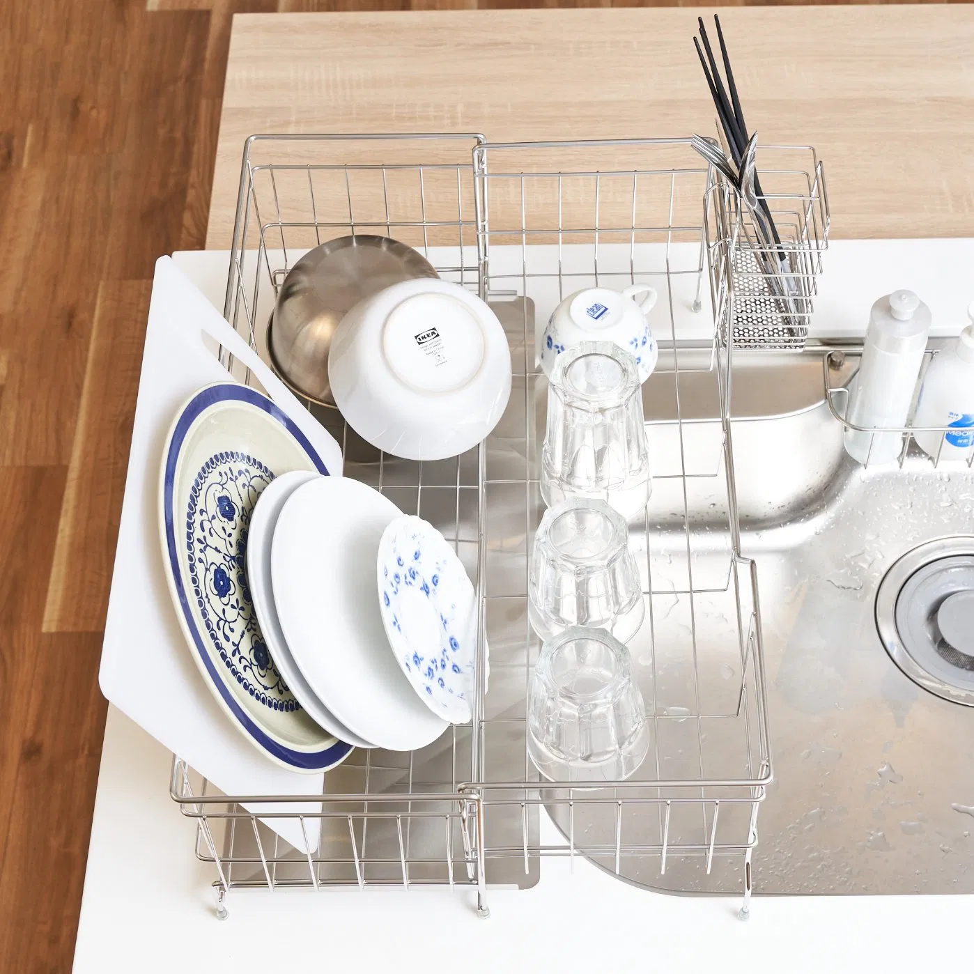 Double Layer Drainage Rack Bowl Dish Expandable Storage Kitchen Stainless Steel Dish Drainer Rack Wire Basket