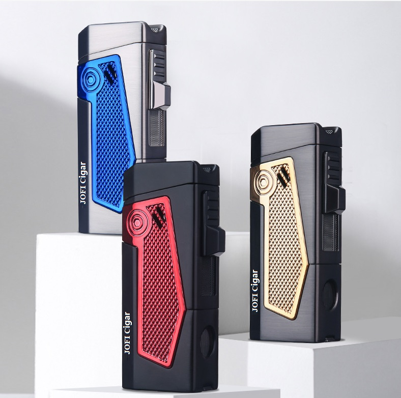Luxury Two Jet Flames Cigar Torch Lighter with Holder and Cutter Exquisite Metal Gift Box Classic Design