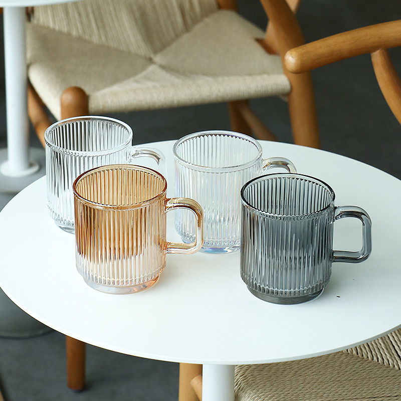 12oz Classic Vertical Stripes Transparent Tea Cup for Cappuccino Latte Juice