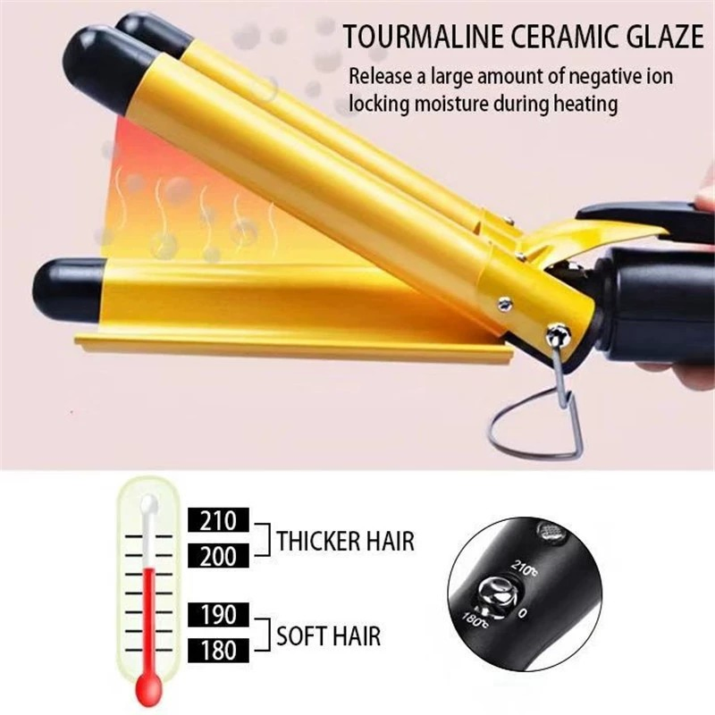 3 Barrel Curling Iron Hair Crimper: Dual Voltage Adjustable Temperature Three Barrels Hair Waver