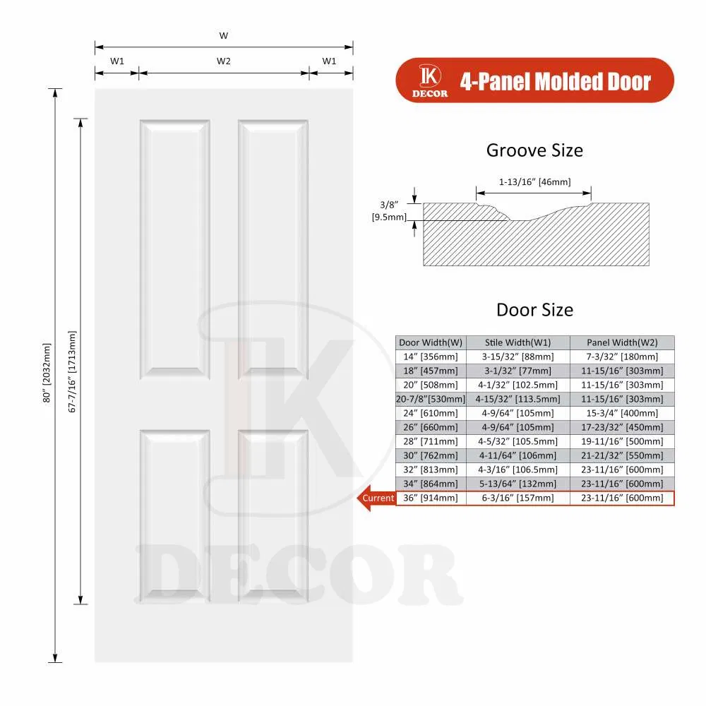 4 Panel 8 FT Interior Wooden Prehung Hollow Core Moulded Door for House