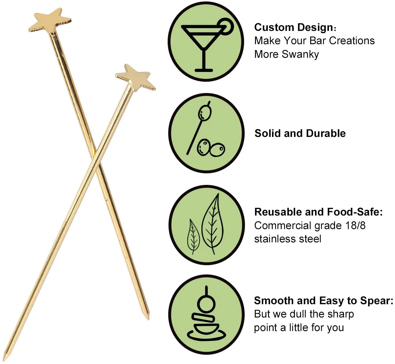 Gold Star Stainless Steel Martini Fancy Metal Appetizer Toothpicks Reusable Metal Cocktail Picks for Old Timbrook Overeem Paddy Paul John