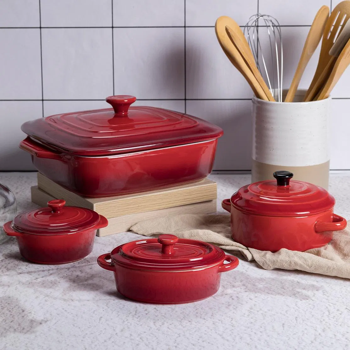 Hot Selling Wholesale Round Red Ceramic Baking Tray Rectangular Baking Dish Durable Bakeware for Kitchen