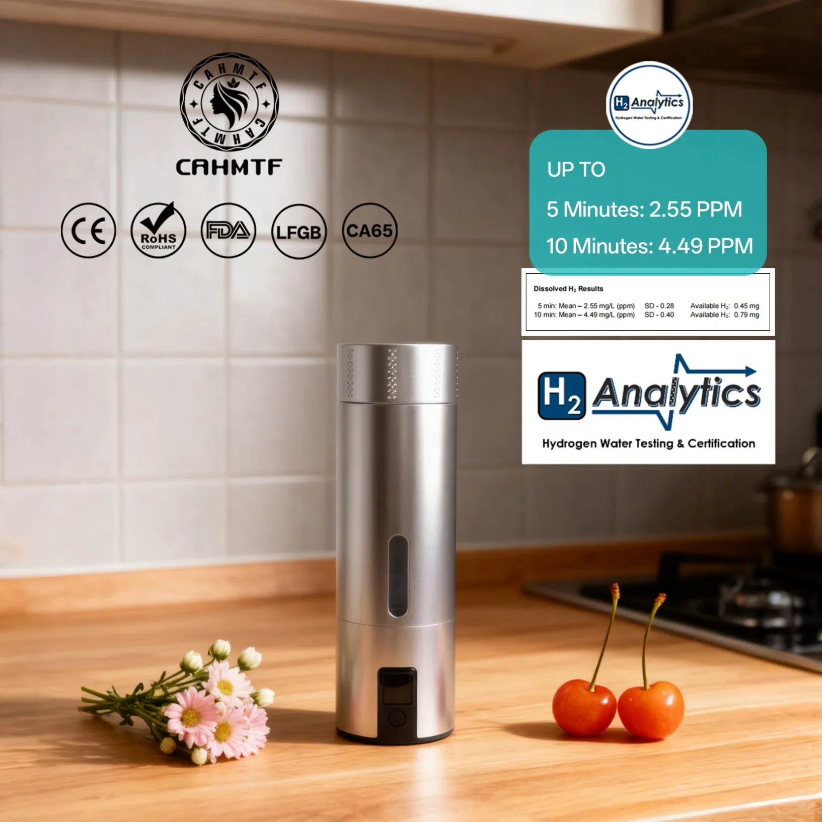 Rechargeable Hydrogen Water Generator Bottle 25-27 Cycles - Cahmtf Pem Tech, Ozone-Free, RoHS Approved