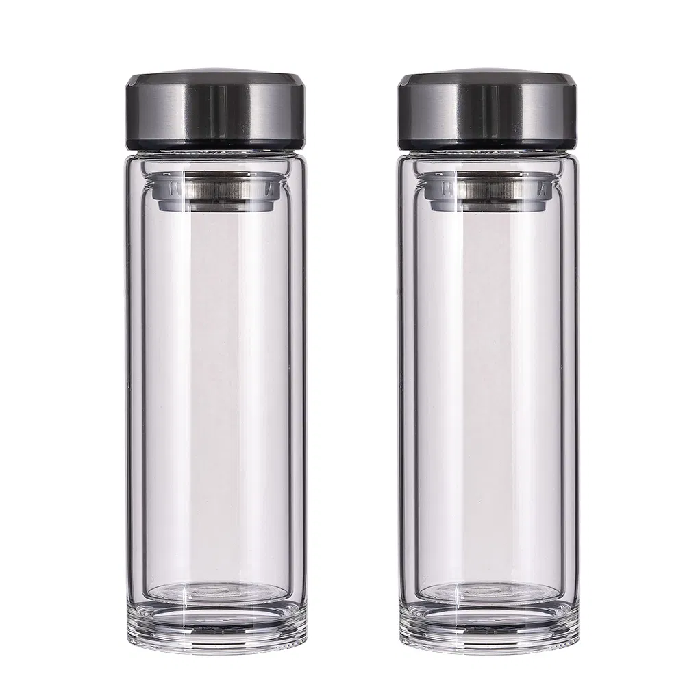 Wholesale Stainless Steel Lid Double Borosilicate Glass Wall Water Bottle with Filter