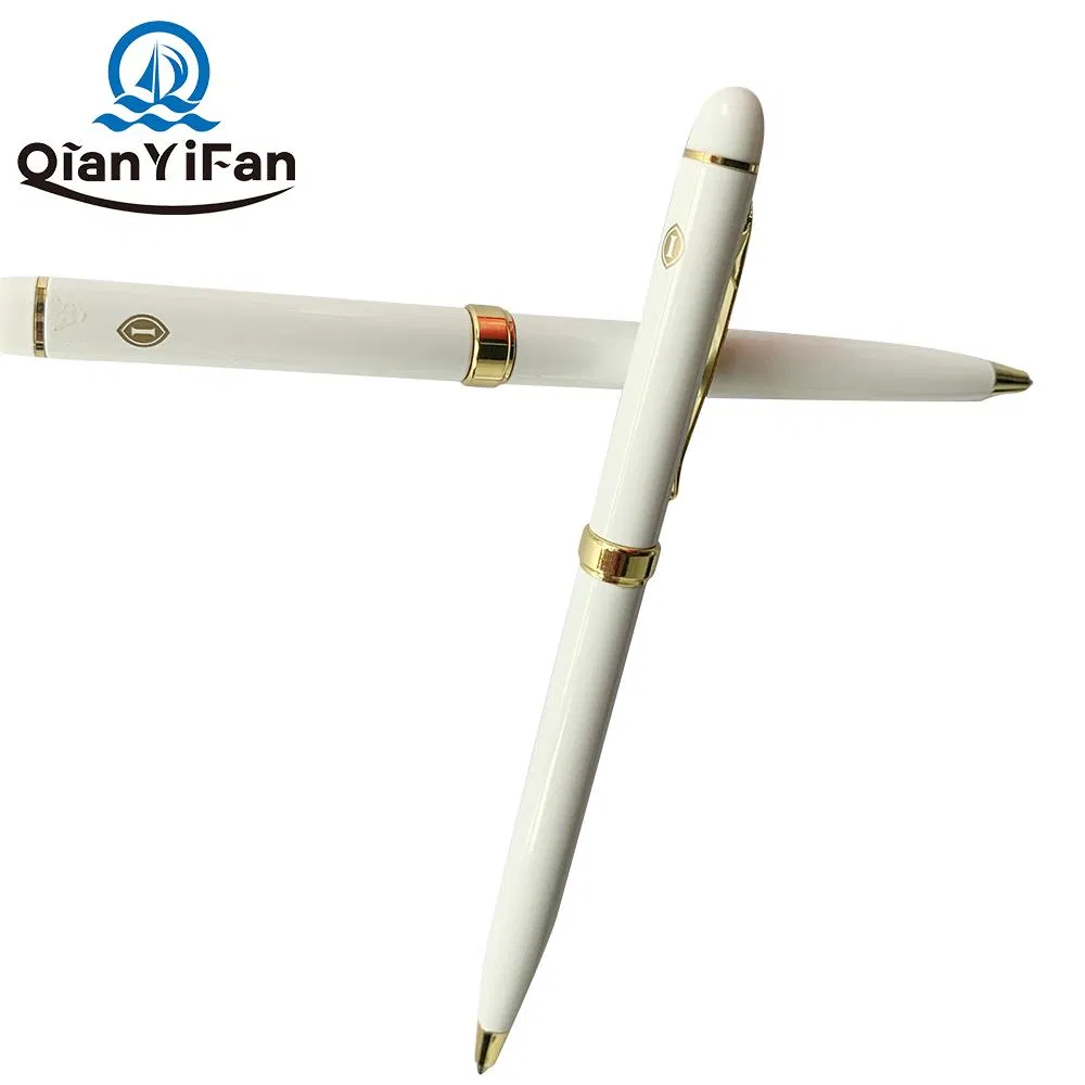 Custom Logo 1.0mm Ballpoint Pen with Steel Barrel, Plastic Top, White Glossy Finish for Hotel, Resort, SPA, and Airline Use