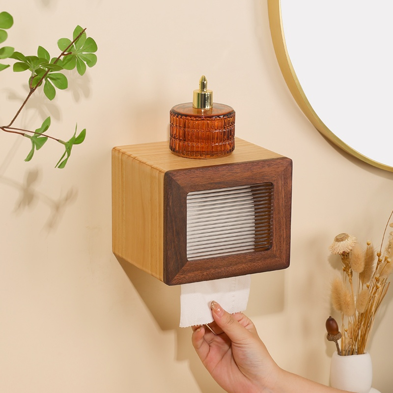Wooden Box with Kitchen Tissue and Toilet Paper Roll Dispenser Combo