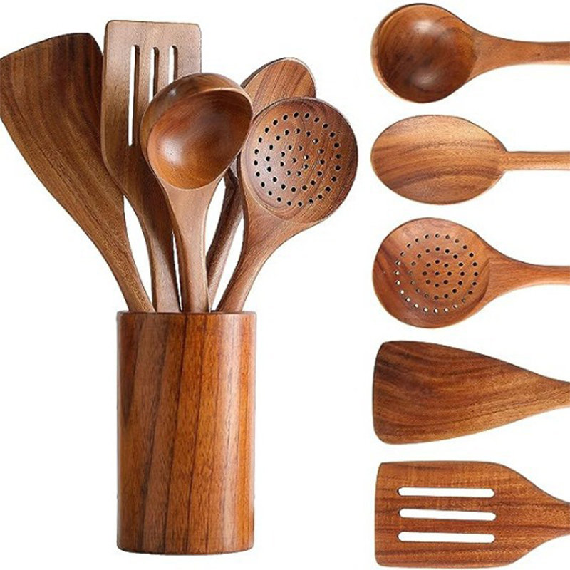 Durable Acacia Teak Wood Kitchen Cooking Tools 6PCS Kitchen Wooden Cooking Utensils Set
