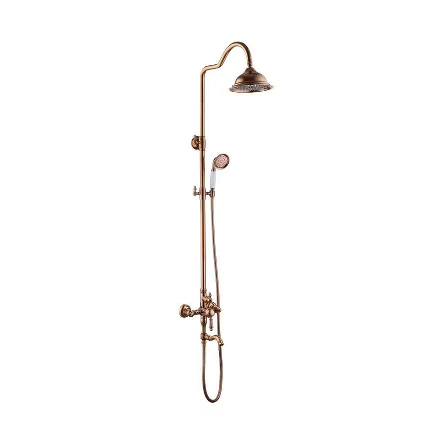 a Complete Shower System in The Bathroom, with Antique Brass Shower Faucets