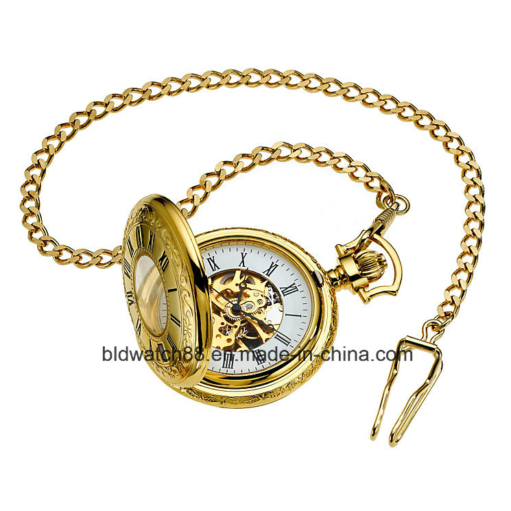 Custom Made Full Hunter Antique Gold Mechanical Pocket Watch for Men