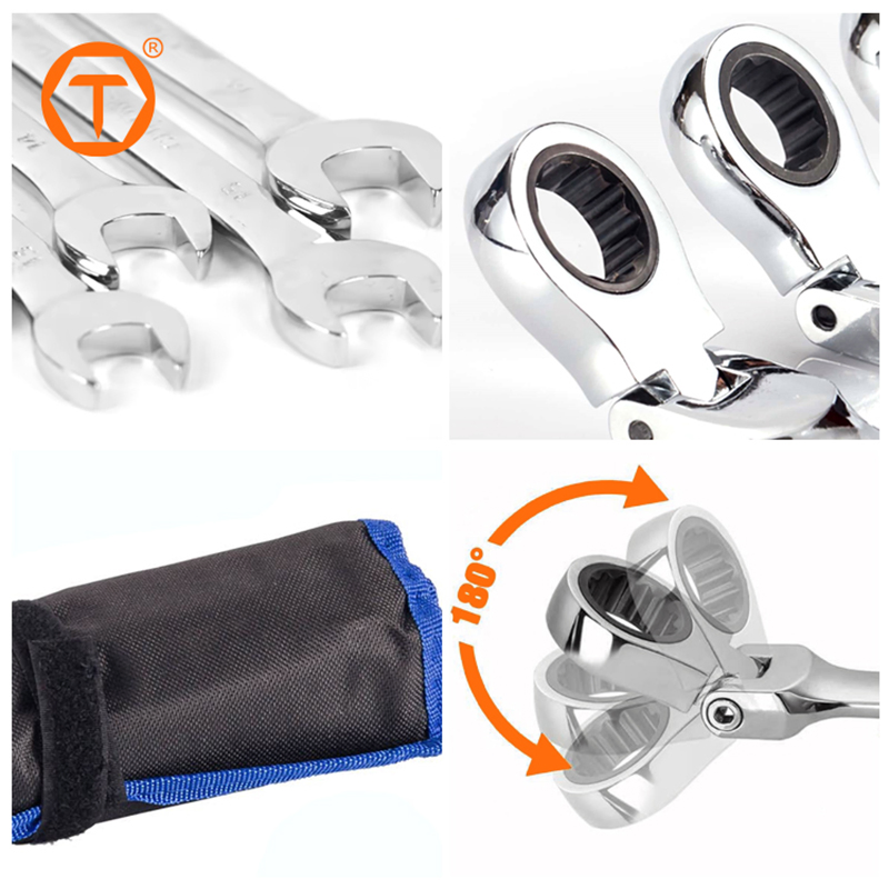 12PCS 8-19mm Flexible Ratchet Wrench Set Metric Spanner Gear Ring Ratcheting Combination Flex Head Wrench Kit