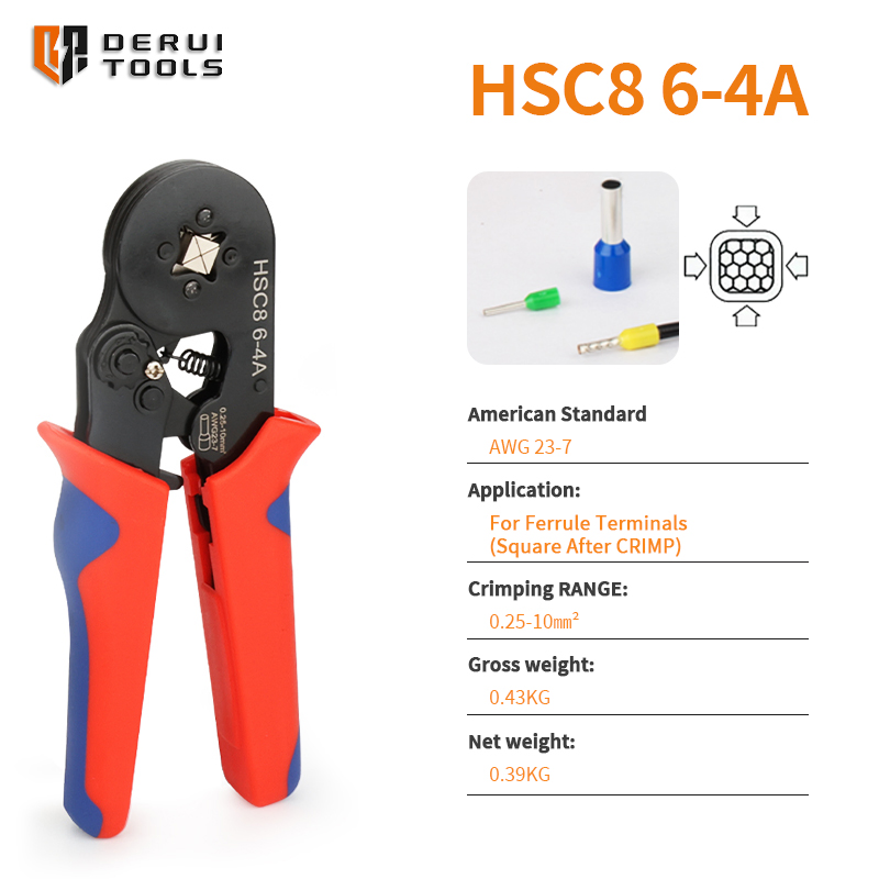 Hsc8 6-4A Mini Wire Crimper, Self-Adjustable Ferrule Ratchet Hand Crimping Tool