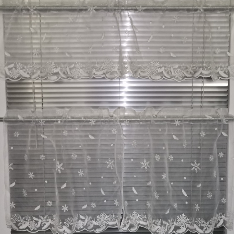 3PCS Skin Tone Polyester Satin with Lace Embroidery & Digital Printing Kitchen Curtain Set