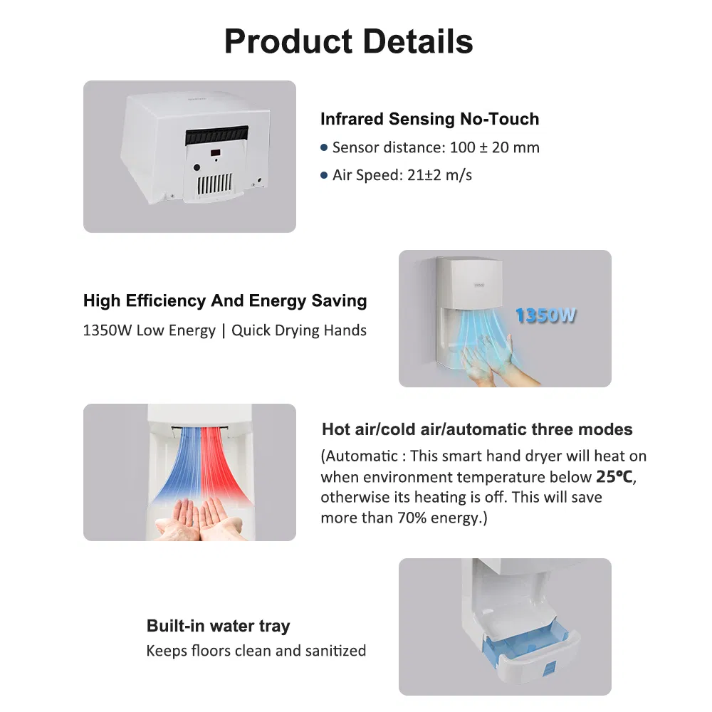 Commercial Public Restroom Wall Mounted Smart Warm Cold Wind Hand Dryer with Tray