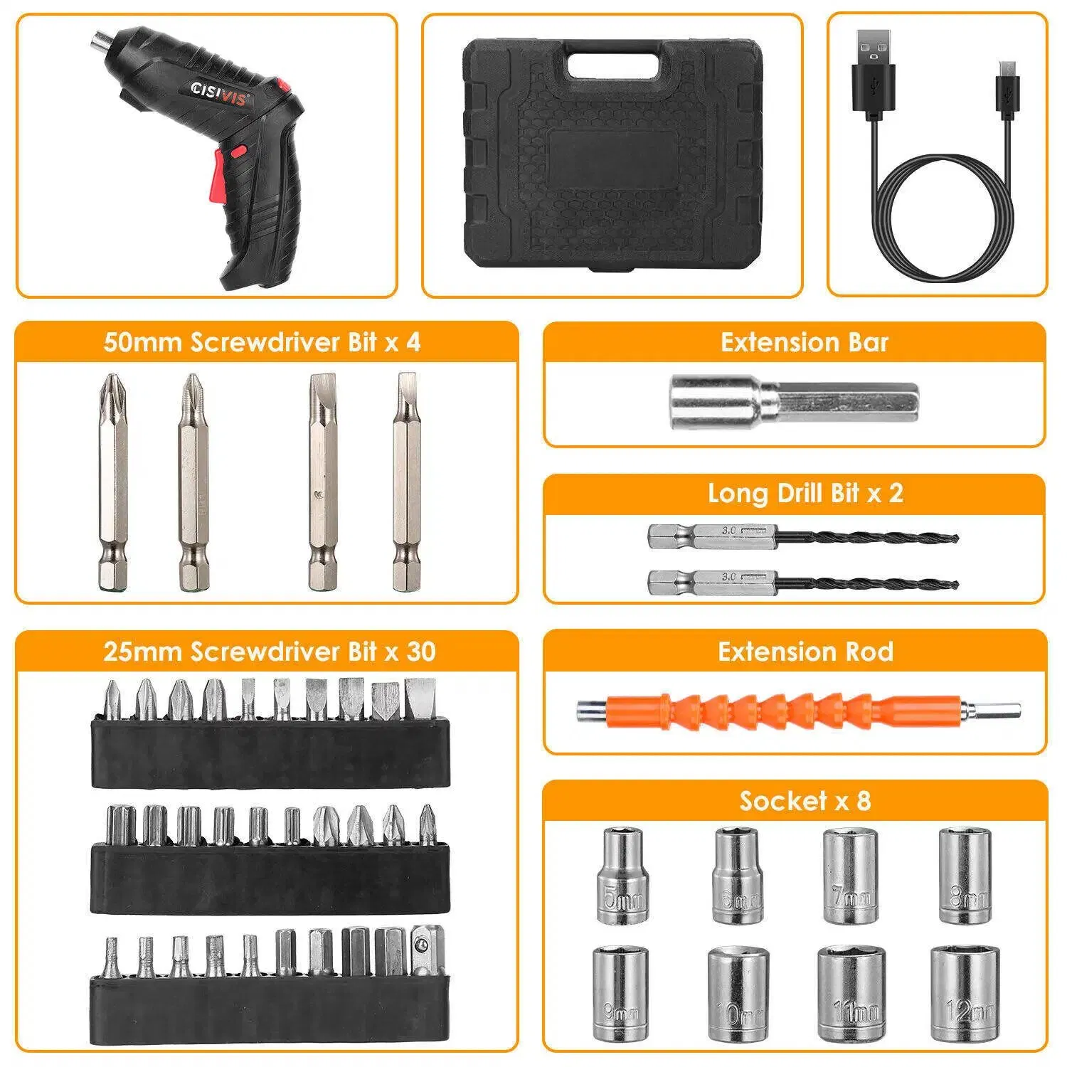 47PCS Cordless Drill Electric Screwdriver Set Rechargeable Drill