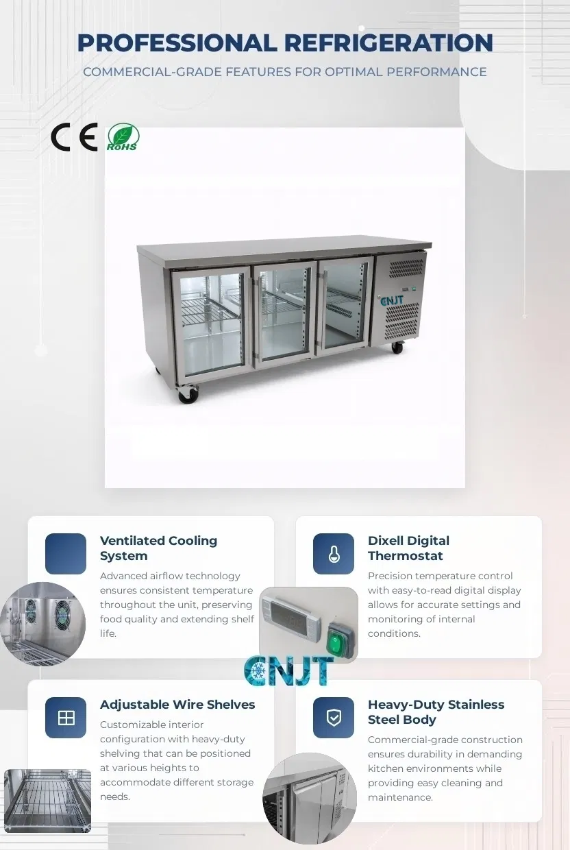 Commercial Snack Glass Door Counter Refrigerator 2 Door 3 Door 4 Door Ventilated Cooling Stainless Steel Chill Counter
