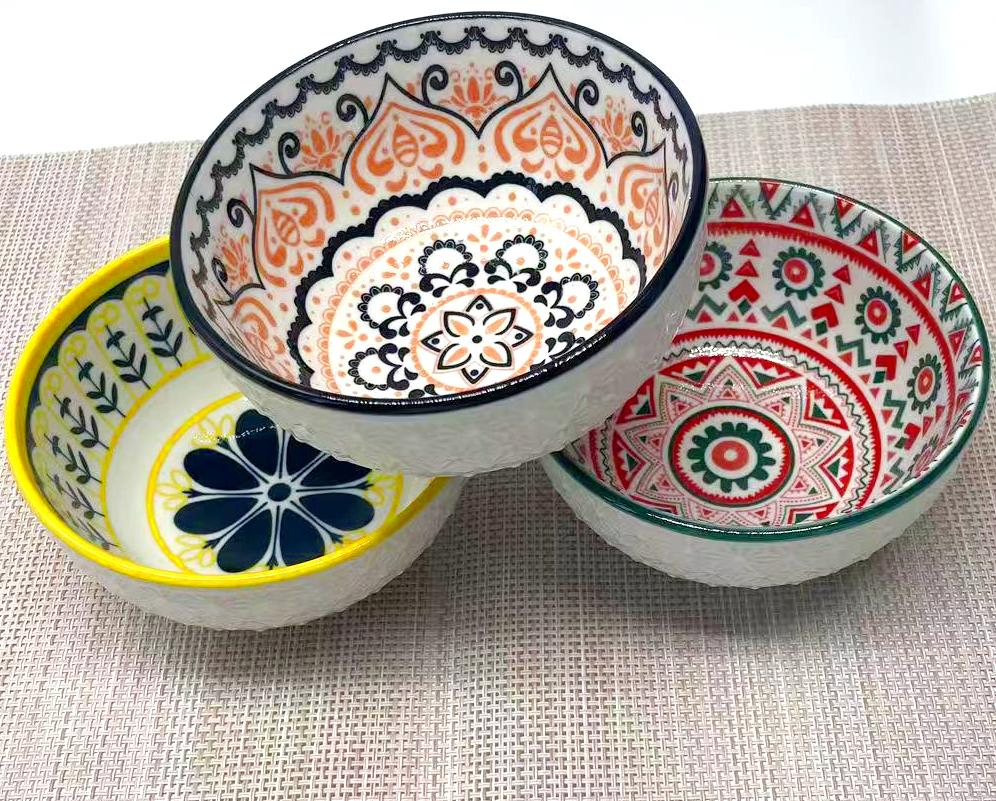 Eco-Friendly Emboss Printed Bowl 4.5"for Stylish Dining Experiences Ceramic Tableware