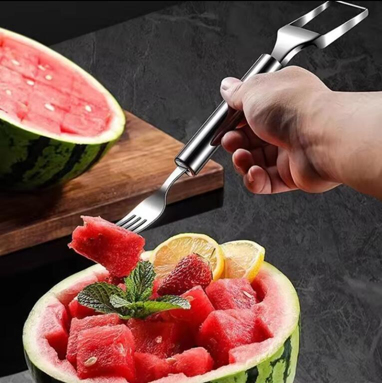 2-in-1 Watermelon Cutting Artifact Stainless Steel Forks Knife Fruit Fork Slicer Cutter