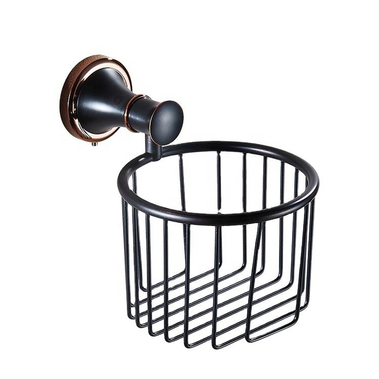 Royal Bathroom Wall Mounted Brass Antique Black Toilet Paper Towel Holder with Basket