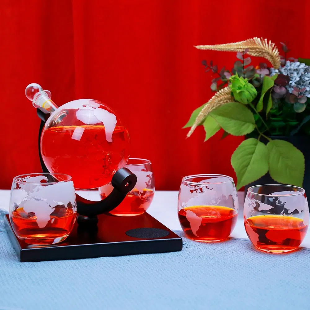 Unique Etched World Globe Design Whiskey Decanter Sets with Wooden Base and 4 Glasses