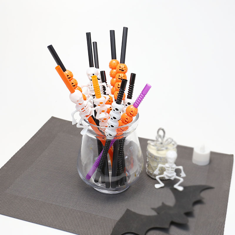 High Quality Eco-Friendly Personalized Party Decorated Funny Plastic Straws Skeleton Pumpkin Drinking Straw